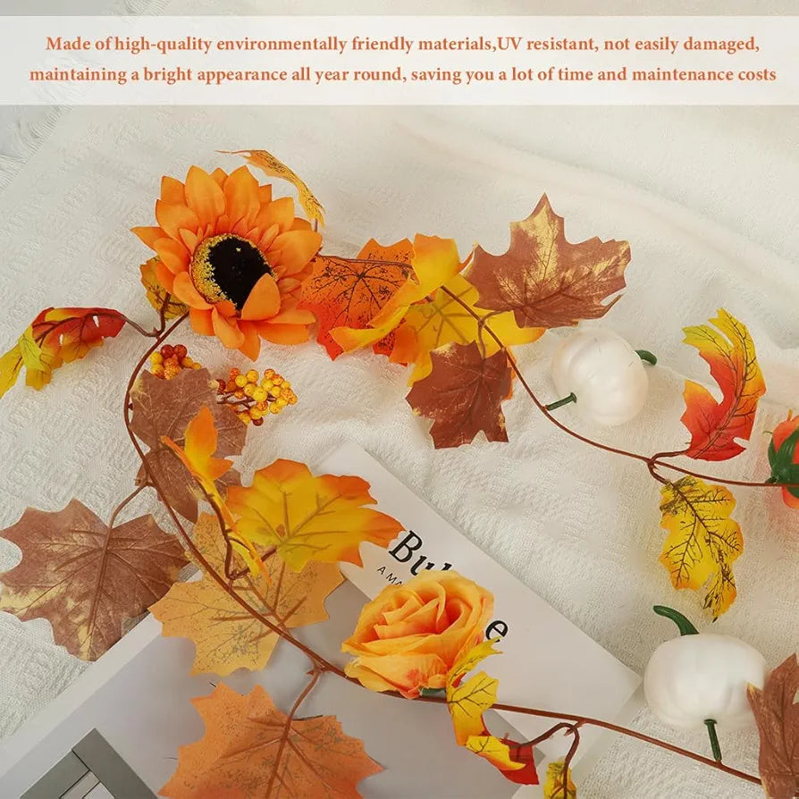 HASTHIP® Autumn Maples Leaf Pumpkin Garland with Berries, 2M/6.5FT Artificial Autumn Foliage Hanging Vine for Home, Thanksgiving, Halloween, Wedding, Fireplace, Party, Christmas Decor